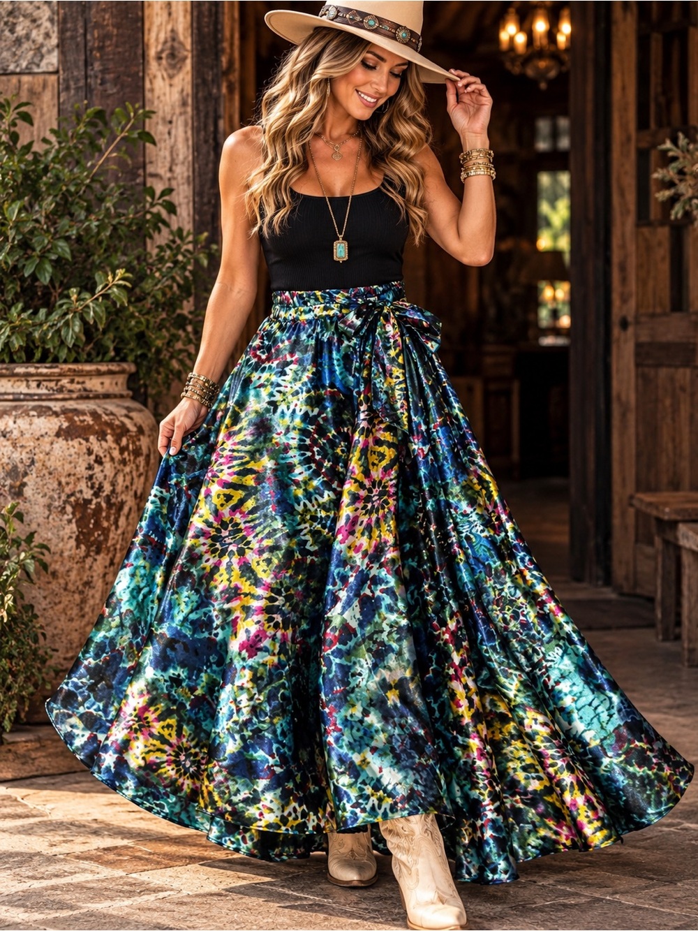 Her Destiny XL NWT Satin Abstract Print Maxi Skirt Tie Waist Boho